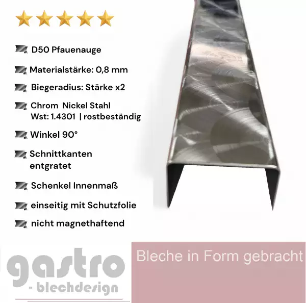 Edelstahl U-Profil , Pfauenauge D50 kreisgeschliffen, 0,8mm stark, Einfassprofil